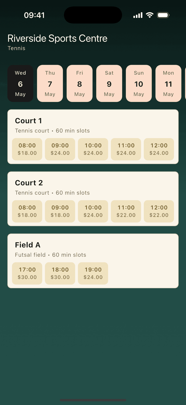 DynaPlay mobile availability page showing synthetic courts, fields, prices, and open booking slots.