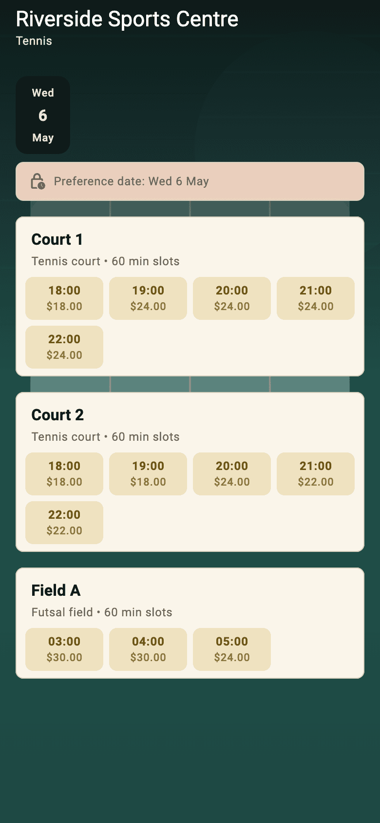 DynaPlay mobile availability page showing synthetic courts, fields, prices, and open booking slots.
