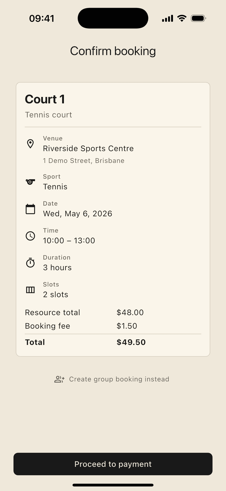 DynaPlay mobile booking confirmation showing a synthetic paid court booking and payment total.