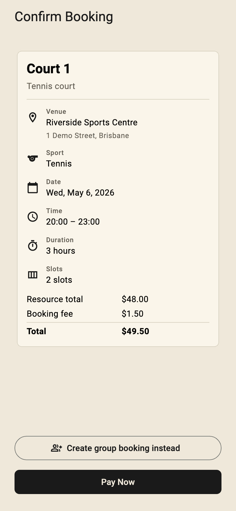 DynaPlay mobile booking confirmation showing a synthetic paid court booking and payment total.