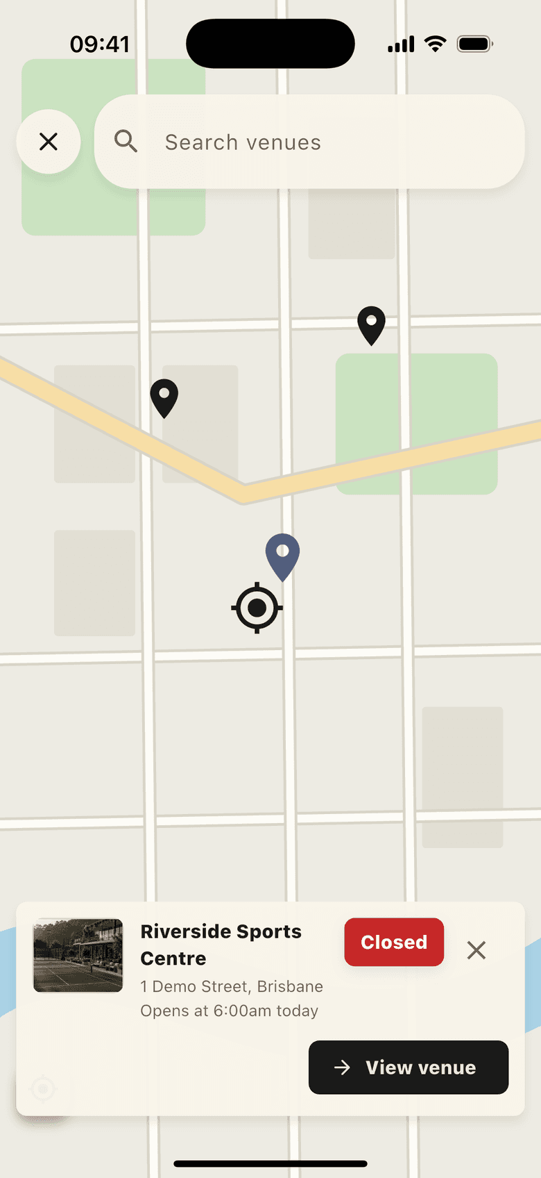DynaPlay mobile venue discovery map showing synthetic Riverside Sports Centre markers and venue detail.