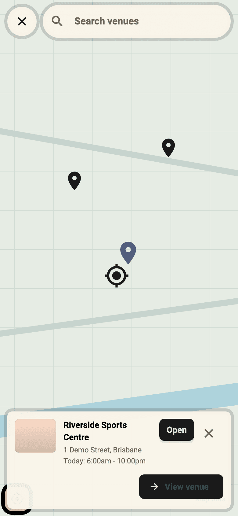 DynaPlay mobile venue discovery map showing synthetic Riverside Sports Centre markers and venue detail.
