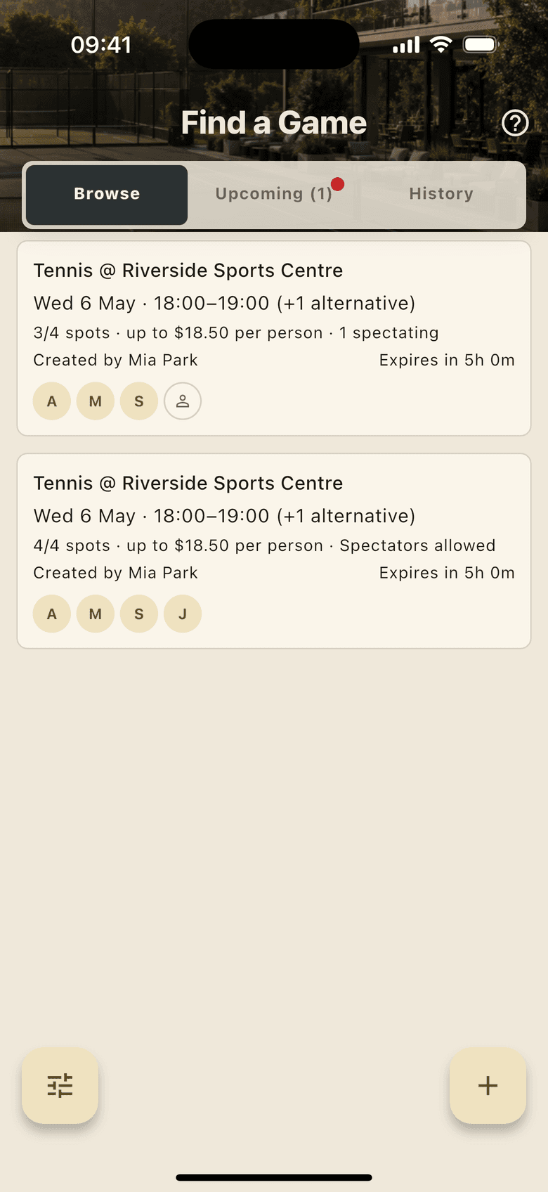 DynaPlay mobile group lobby showing synthetic open and confirming group bookings for Riverside Sports Centre.