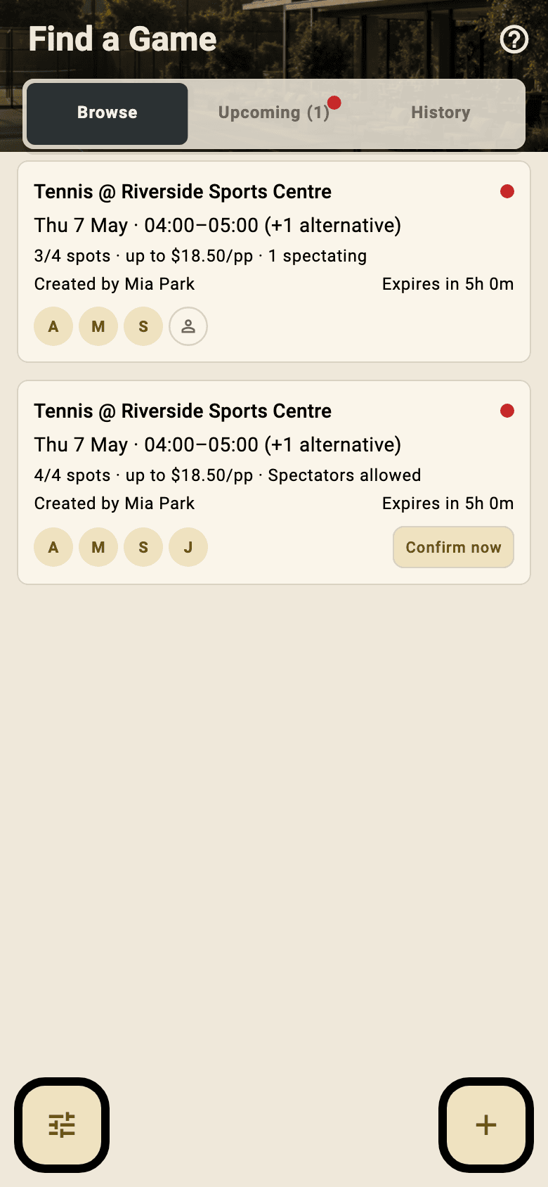 DynaPlay mobile group lobby showing synthetic open and confirming group bookings for Riverside Sports Centre.