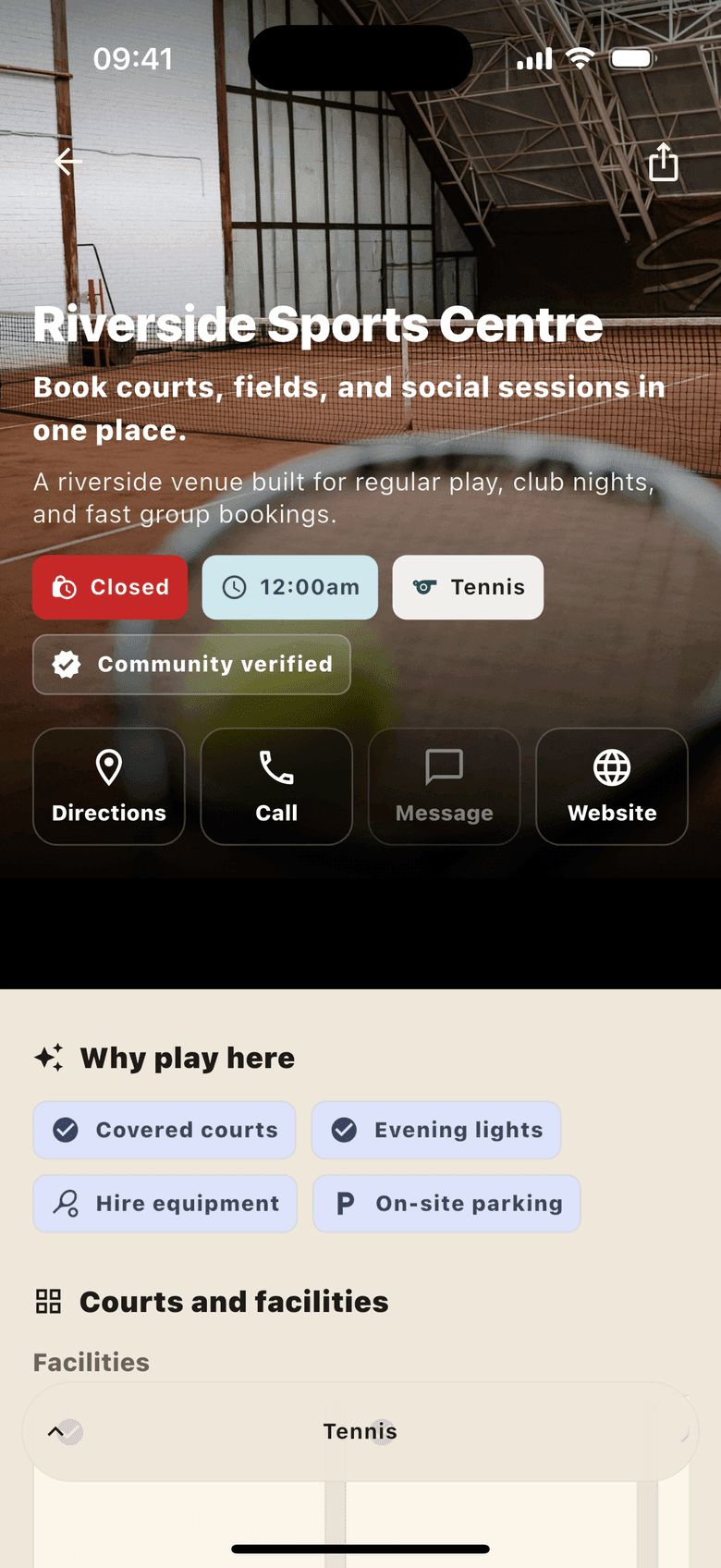 DynaPlay mobile venue profile for a synthetic Riverside Sports Centre with highlights, actions, and facilities.