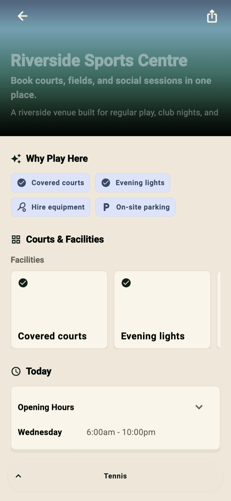DynaPlay mobile venue profile for a synthetic Riverside Sports Centre with highlights, actions, and facilities.