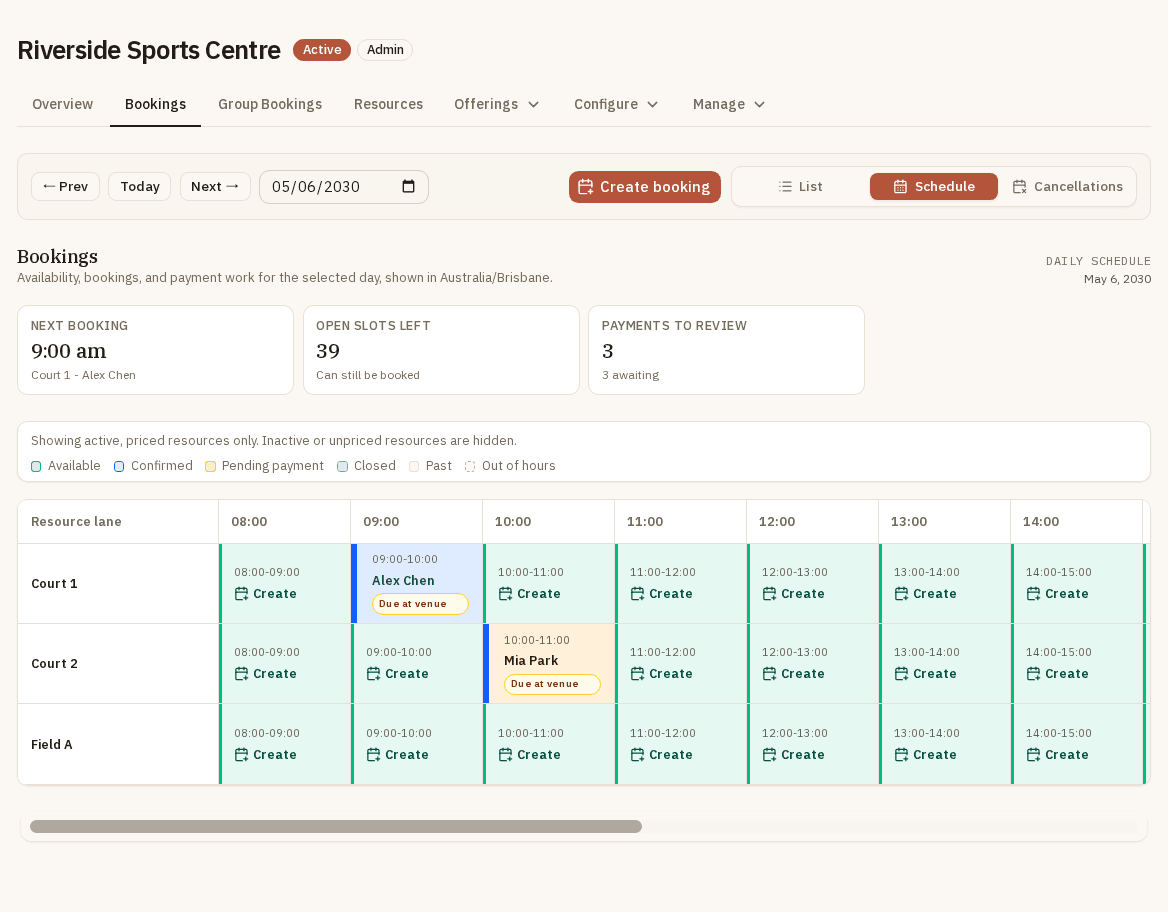 DynaPlay operator bookings board showing synthetic Riverside Sports Centre court and field bookings for a single day.