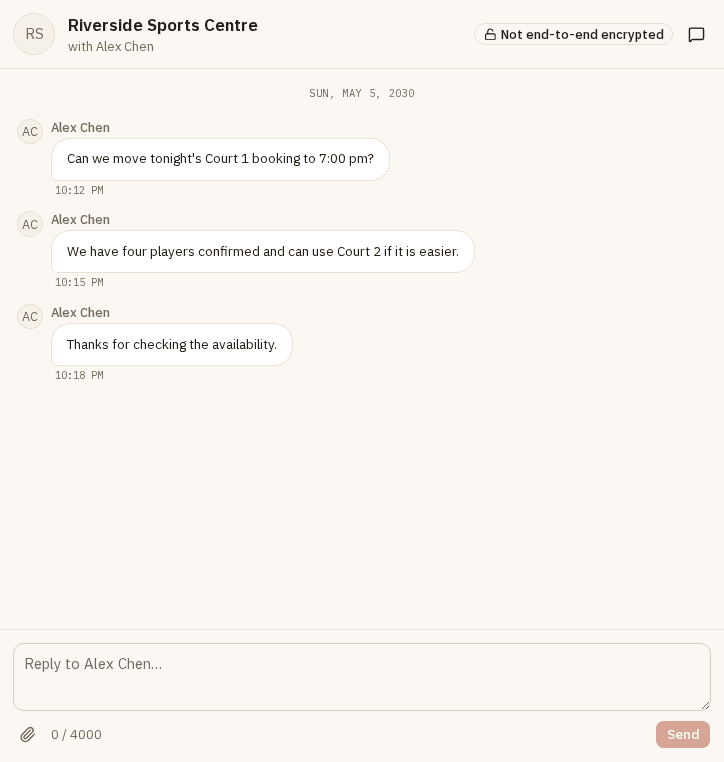 DynaPlay operator customer messaging thread with synthetic booking-change messages for Riverside Sports Centre.