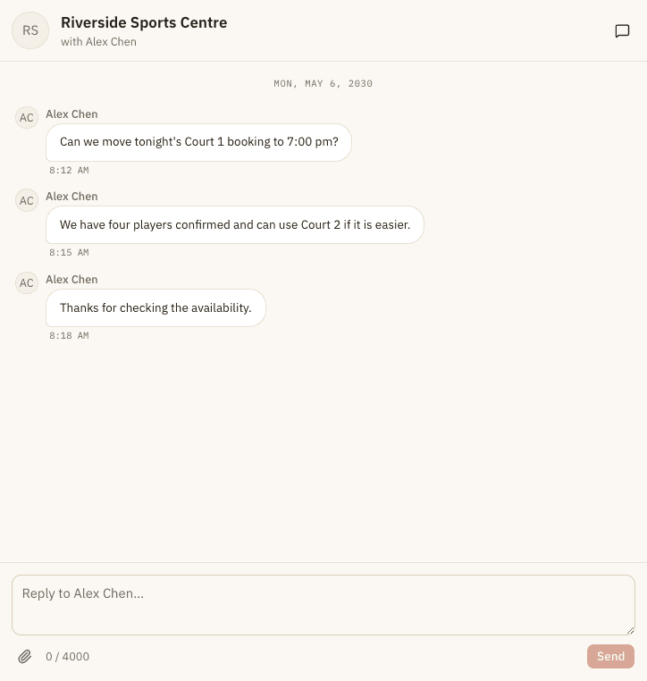 DynaPlay operator customer messaging thread with synthetic booking-change messages for Riverside Sports Centre.