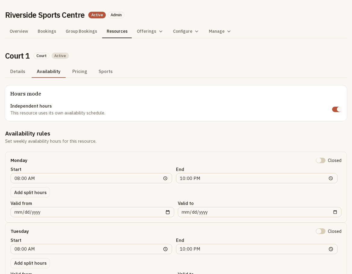 DynaPlay operator resource availability screen showing synthetic Court 1 hours and pricing for Riverside Sports Centre.