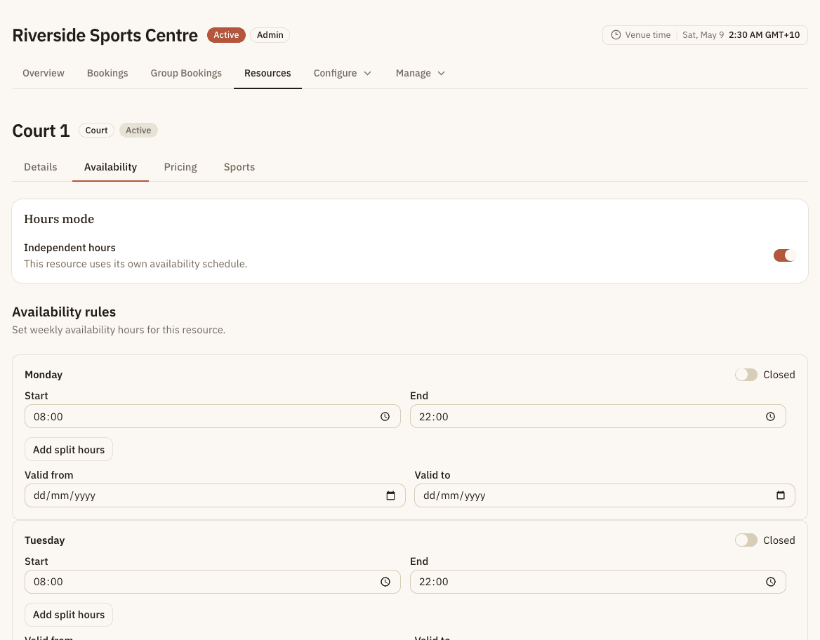 DynaPlay operator resource availability screen showing synthetic Court 1 hours and pricing for Riverside Sports Centre.